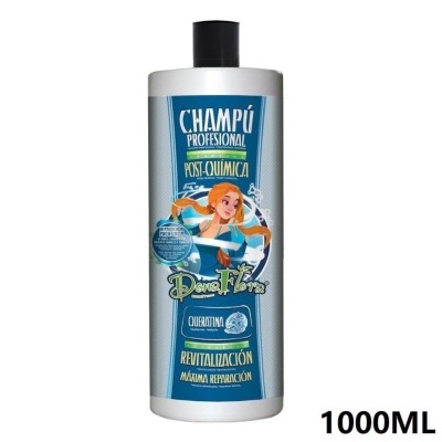 Garrafão de champô profissional Dona Fiber azul e branco de 1000ML