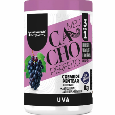 Embalagem de creme de pentear Meu Cacho Perfeito coruja lilás e branca com imagem de uvas e texto 3 em 1