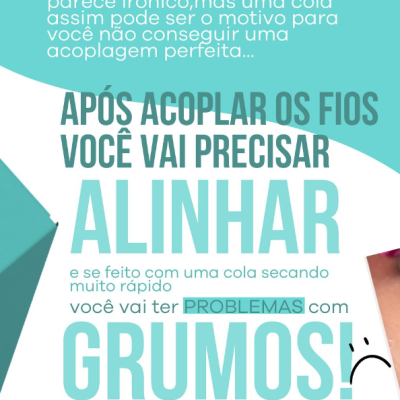 Texto em português sobre cola e fios com fundo azul claro e branco