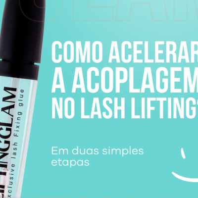 Embalagem de produto LIFTINGGLAM com texto sobre lash lifting em fundo azul