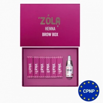 Caixa rosa ZOLA Henna Brow Box com seis pacotes pequenos e um frasco com conta-gotas