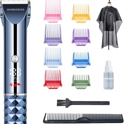 Conjunto para cortar cabelo com máquina metálica, pentes coloridos, capa, frasco spray, escova e pente pretos