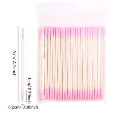 Palitos de madeira para manicure com pontas cor-de-rosa em pacote plástico.