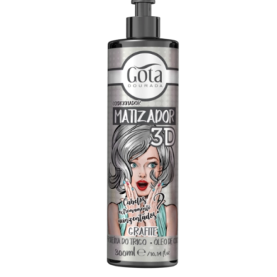 Frasco de matizador 3D Gota Dourada com doseador e rótulo prateado e preto