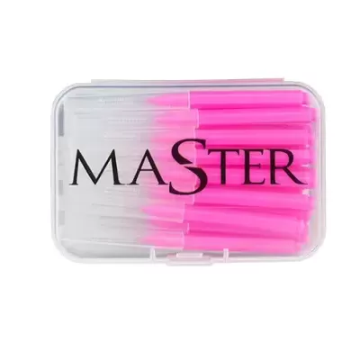 Caixa de escovas interdentais com cabos branco e rosa, com tampa transparente e texto MASTER.