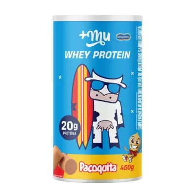 Embalagem azul e amarela de suplemento Whey Protein sabor Paçoquita com desenho de vaca e prancha de surf.