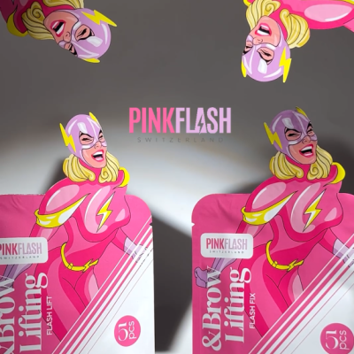 Embalagem de PINKFLASH Lash & Brow Lifting com ilustração feminina em traje rosa com máscara.