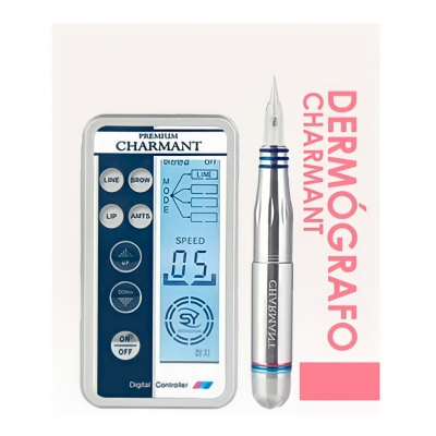 Dermógrafo Charmant Premium com controlador digital e texto de produto em fundo branco