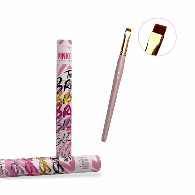 Escova de maquilhagem rosa com embalagem branca e padrão colorido