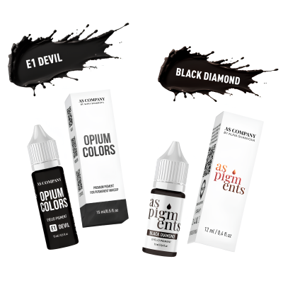 Frascos de pigmentos para microblading E1 DEVIL e BLACK DIAMOND com embalagens brancas