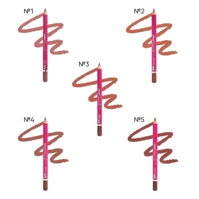 Cinco lápis de contorno labial rosa com ponteira castanha e traço colorido numerados de 1 a 5