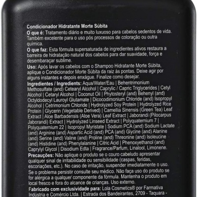 Frasco preto de condicionador hidratante Morte Súbita com rótulo em português