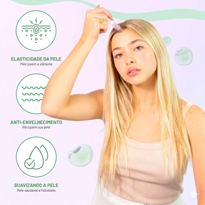 Mulher loira aplica produto facial com conta-gotas na testa com textos sobre cuidados da pele em português