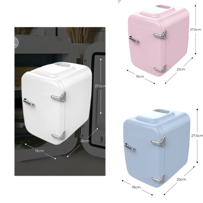 Mini frigoríficos branco, rosa e azul em plástico com fechos metálicos, dimensões destacadas