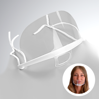 Máscara facial transparente com fita branca ajustável