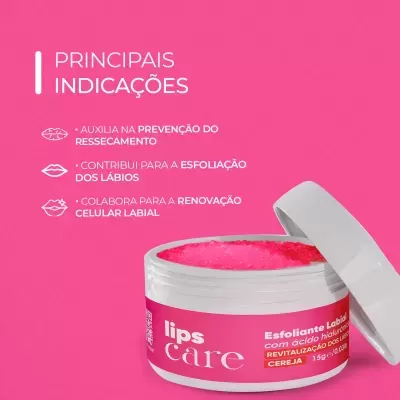 Esfoliante labial lips care em frasco branco com tampa aberta em fundo rosa