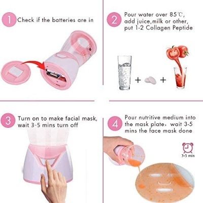 Dispositivo elétrico rosa de máscara facial com instruções passo a passo em inglês.