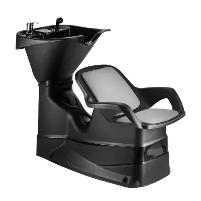Cadeira de lavagem de cabelo preta com assento cinza e lavatório