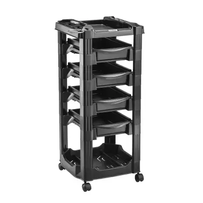 Carrinho organizador preto com gavetas e rodas