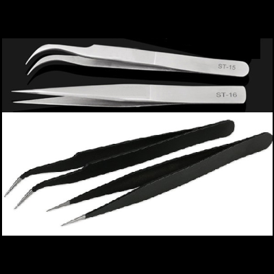 Conjunto de pinças metálicas e plásticas em fundo contrastante.