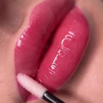 Aplicação de gloss labial rosa com brilho