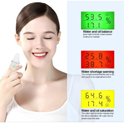 Mulher a usar medidor digital para equilíbrio de água e óleo na pele com gráficos coloridos explicativos