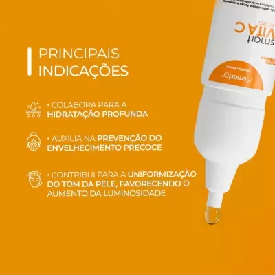 Frasco branco com gota amarela em fundo laranja e texto das indicações do produto