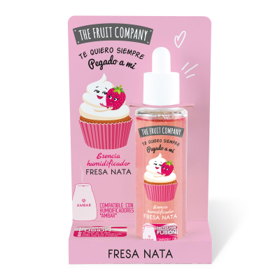 Essência humidificador The Fruit Company Fresa Nata em embalagem rosa com frasco e conta-gotas