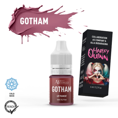 Pigmento labial Gotham com embalagem preta e imagem Harley Quinn