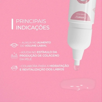 Produto tubo branco com líquido translúcido, fundo rosa e texto indicativo de hidratação labial