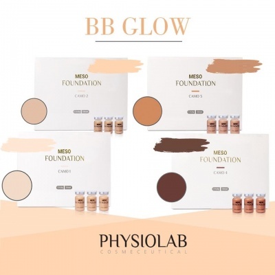 Embalagens MESO FOUNDATION com quatro tonalidades diferentes e frascos pequenos da PHYSIOLAB
