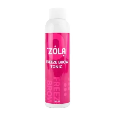 Frasco branco com rótulo rosa e texto branco Zola Freeze Brow Tonic 150 ml