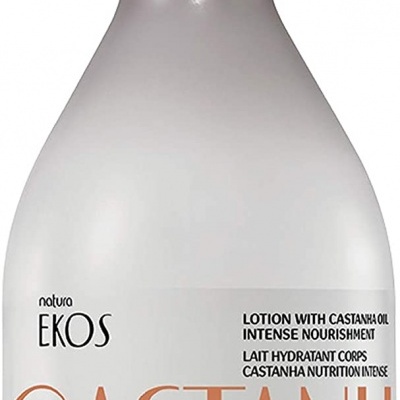 Frasco branco de loção Natura Ekos Castanha com tampa preta e texto informativo