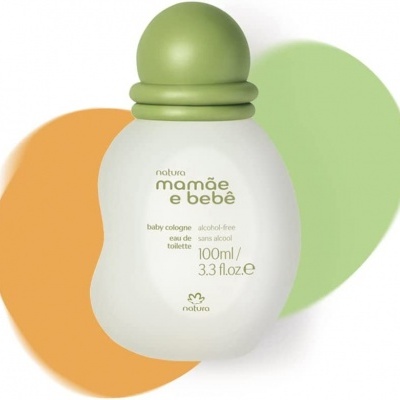 Frasco de colónia para bebé branco com tampa verde e texto dourado e verde