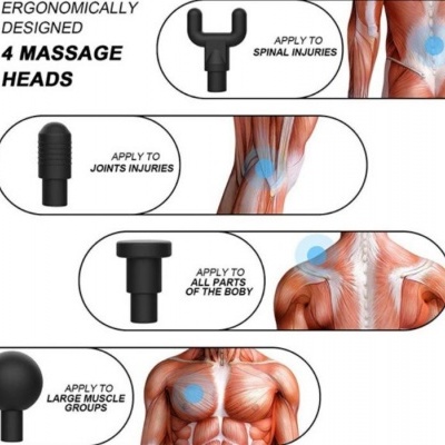 Quatro cabeças de massagem pretas e ilustrações de músculos com texto em inglês sobre suas aplicações