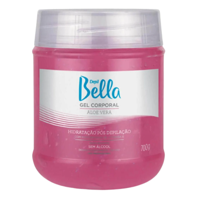 Frasco rosa translúcido de gel corporal Depil Bella com aloe vera e tampa branca