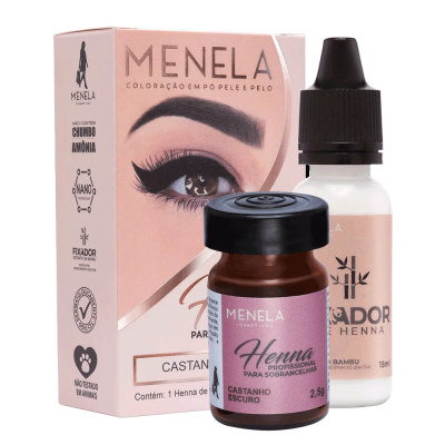 Conjunto de henna para sobrancelhas Menela castanho escuro com revelador e embalagem rosa