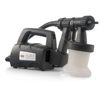 pistola de pintura elétrica preta com reservatório branco translúcido