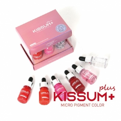 Conjunto de pigmentos micro para maquiagem KISSUM+ em frascos com conta-gotas e embalagem rosa.