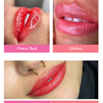 Lábios com pigmentos Power Red e Elektra em três variações visuais