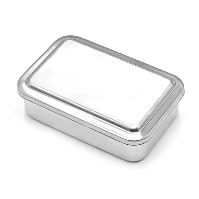 Recipiente metálico retangular prateado com tampa