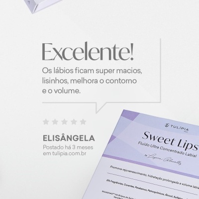 Embalagem do fluído labial Sweet Lips da Tulipia com avaliação positiva em português.