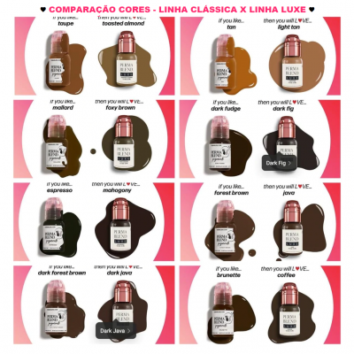 Comparação de cores de bases líquidas Prima Blend com 8 tonalidades em duas linhas, cores variadas e texto explicativo em português e inglês