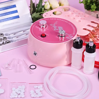 Conjunto equipamento microdermoabrasão rosa com acessórios e flores ao fundo