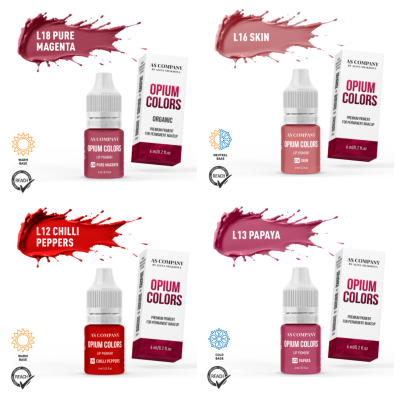 Pigmentos labiais Opium Colors em quatro cores, cada um com frasco e caixa branco e rosa escuro