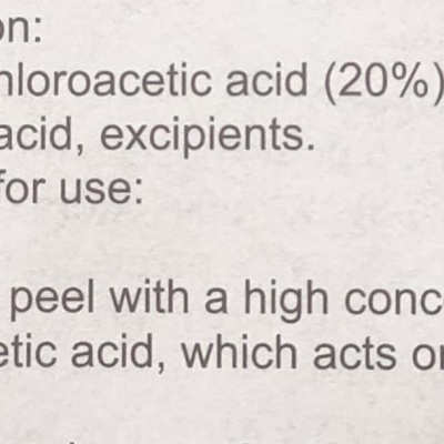 Etiqueta com composição química e instruções de uso de peeling químico QPeel em inglês