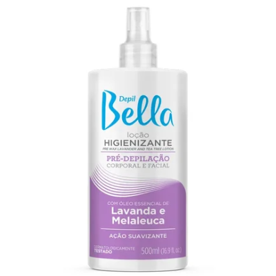 Frasco branco de loção higienizante Depil Bella com rótulo roxo