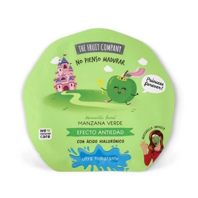 Máscara facial de maçã verde com ilustração e texto em castelhano