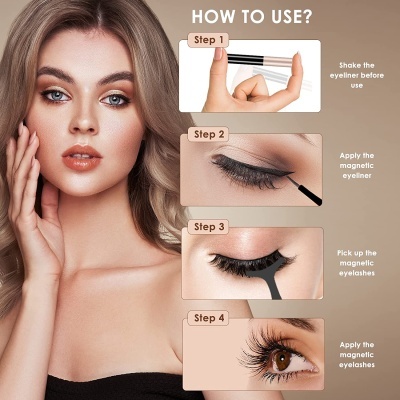 Instruções de uso de eyeliner magnético e pestanas magnéticas com imagens passo a passo