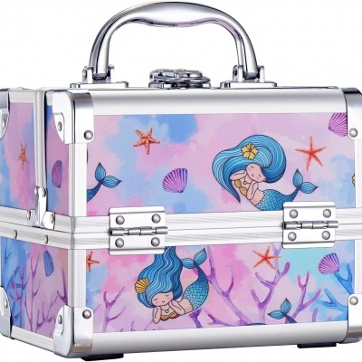 Mala de maquilhagem com padrão de sereias e estrelas-do-mar em cores rosa, azul e laranja